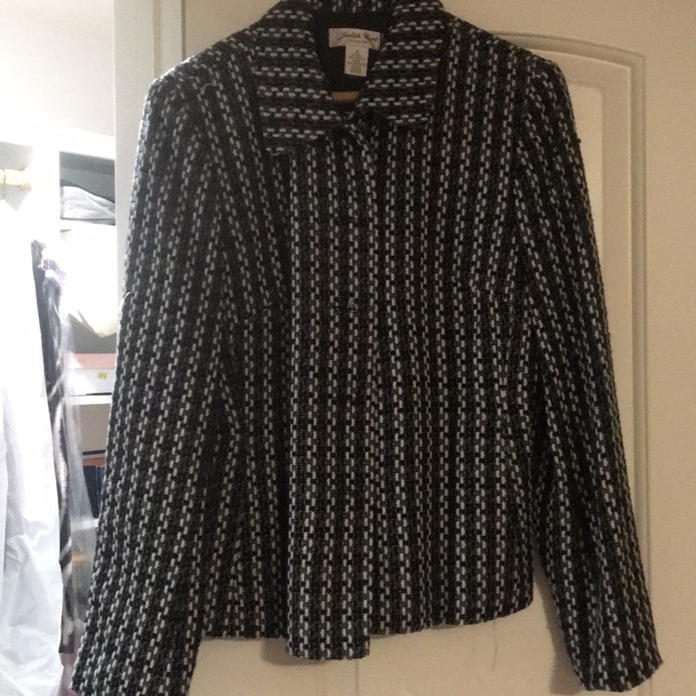 Black gray and white check short blazer